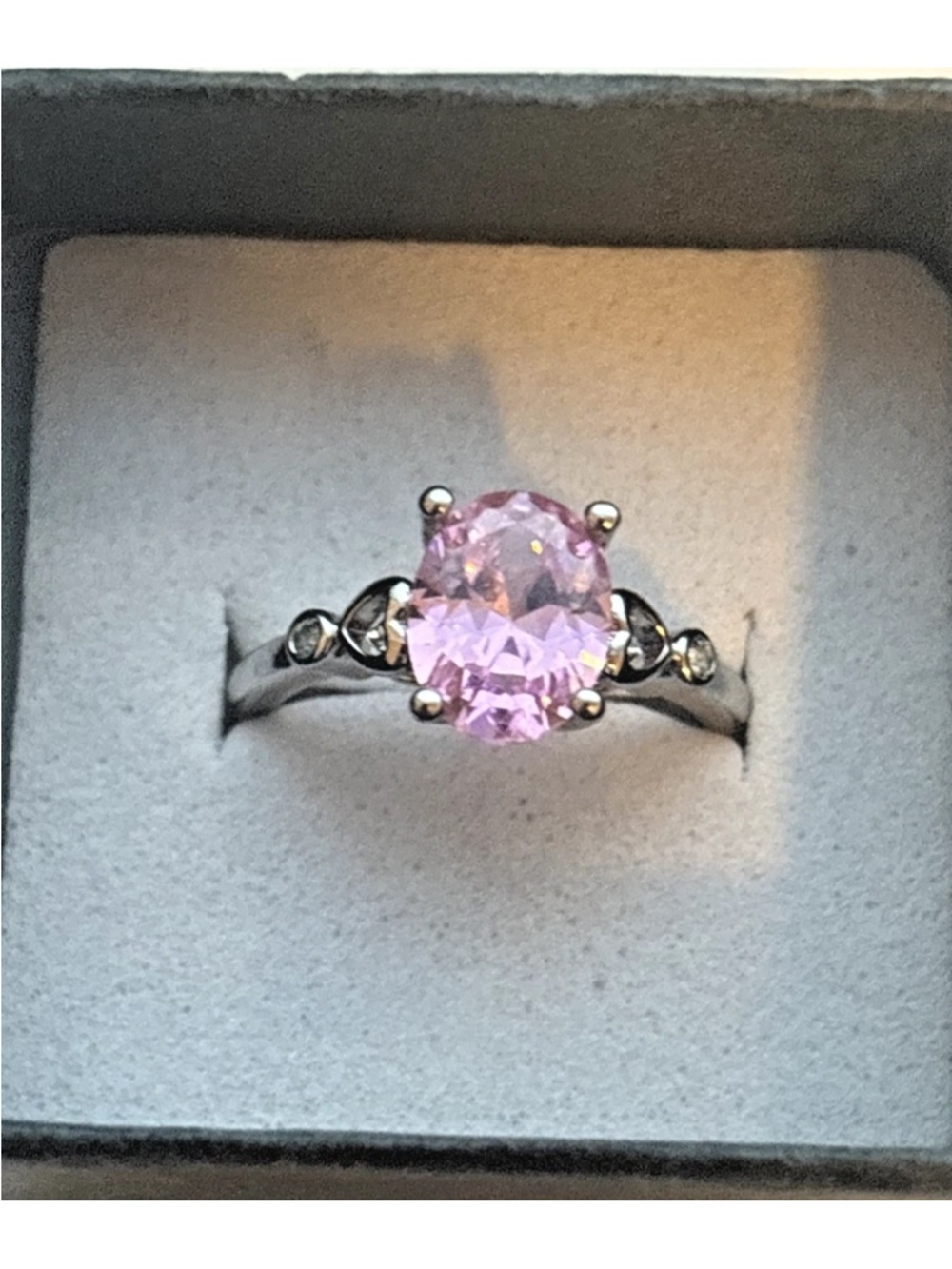 White Gold Plated Pink Oval CZ Ring Adjustable Romantic Engagement Style